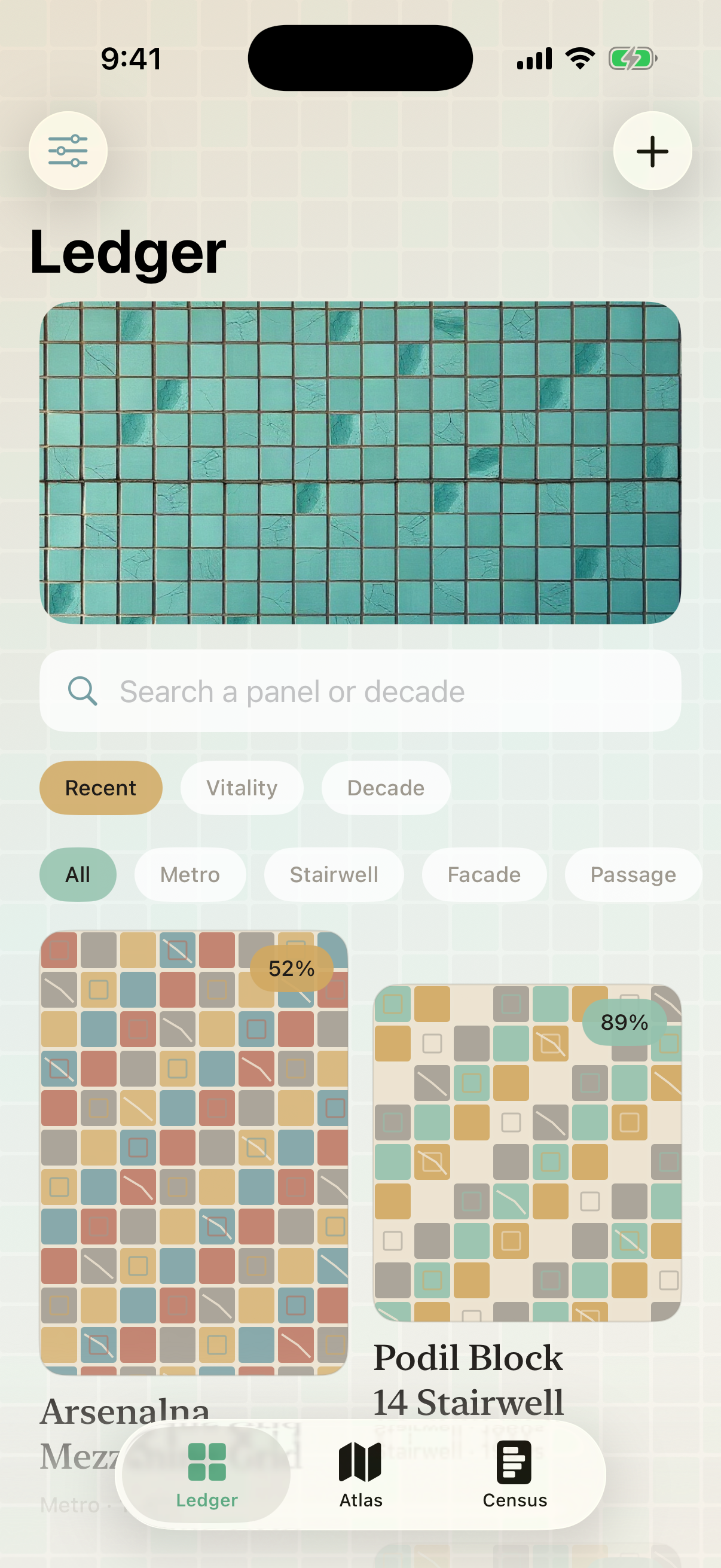 Ledger home with panel grid and filters